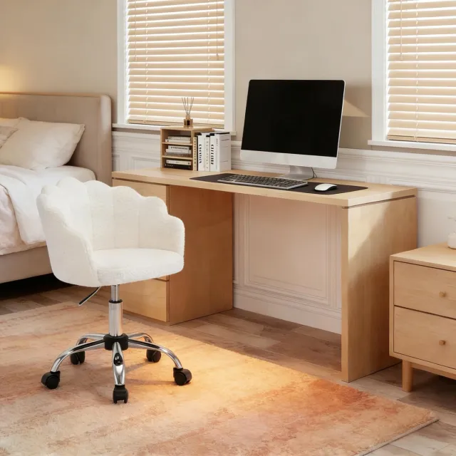 Wishdor Bureaustoel zonder armleuningen - Hoogte verstelbaar - Bloemenblad design - Met wielen - Creme wit - Stoffen zitting - Voor make-up en bureau - 55 cm breed - 150 kg Crème wit