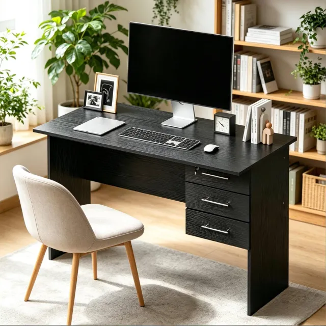 HAUSS SPOLE Bureau - Computertafel Met 3 Lades En Slot - Modern Voor Kantoor En Slaapkamer - Hout - 120x60x75 Cm - Zwart