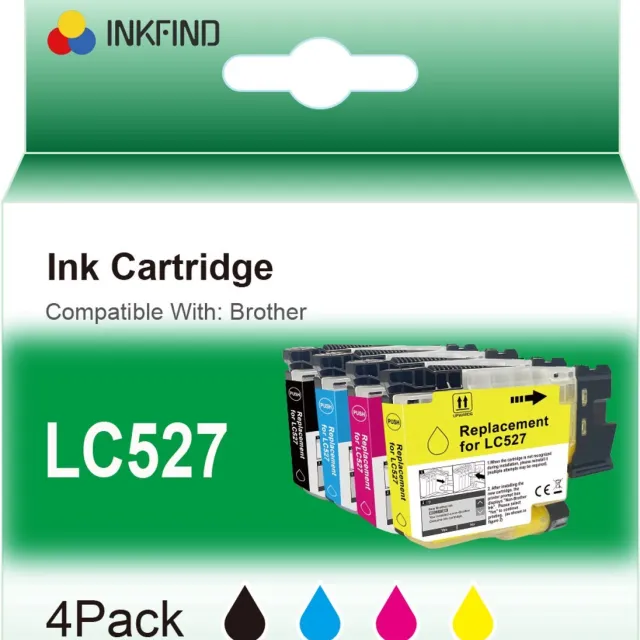 INKFIND LC527 Zwart/Cyaan/Magenta/Geel inktcartridge compatibel met Brother LC527 LC-527 LC527VAL Multipack van 4 stuks (Zwart x 1, Cyaan x 1, Magenta x 1, Geel x 1) geschikt voor Brother MFC-J4350DW/J4550DW - 4-pack BKCMY