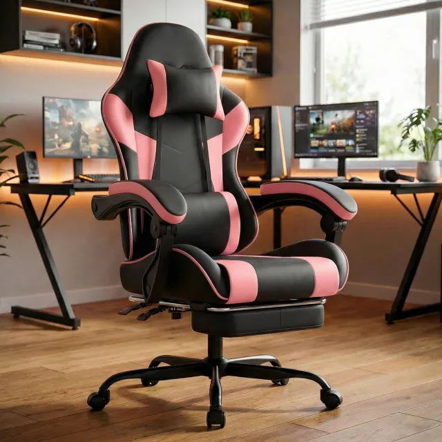 MODENUIT Gamingstoel 63 x 62 x 131 cm - Verstelbare Rugleuning en Zithoogte - Voor Kantoor en Gamen - Kunstleer - Roze Zwart