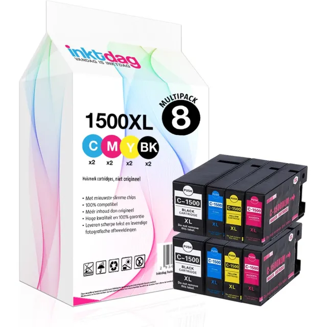inktdag inktcartridges voor Canon PGI1500 / PGI-1500XLInktcartridge multipack 8 stuck / Zwart / Cyaan / Magenta / Geel / Hoge Capaciteit geschikt voor Canon Maxify MB2050 Canon Maxify MB2150 Canon Maxify MB2350 Canon Maxify MB2750 Canon Maxify MB2755 2 x Zwart