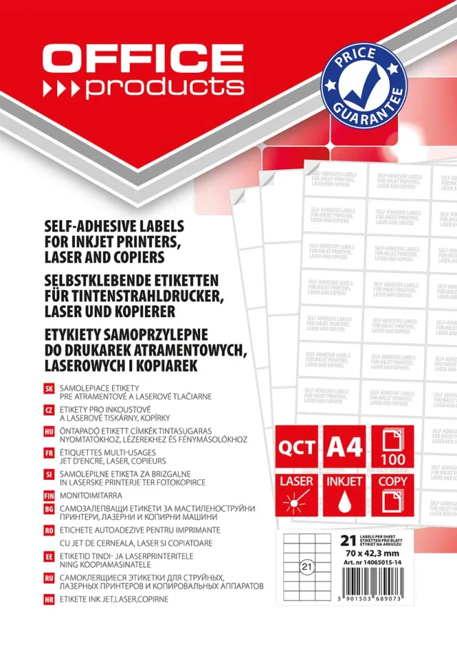 Office Products etiketten, wit, rechte hoeken, 100 vel, 70 x 42,3 mm, 21 etiketten per vel