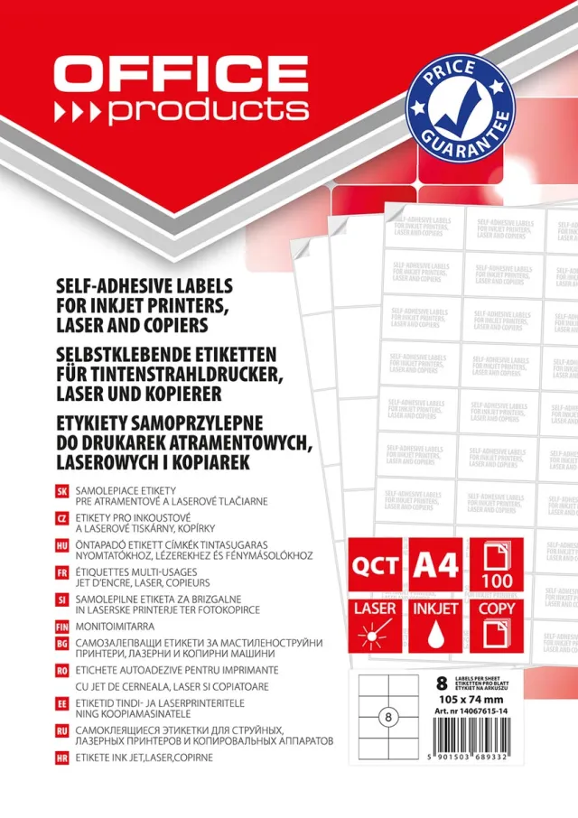Office Products etiketten, wit, rechte hoeken, 100 vel, 105 x 74 mm, 8 etiketten per vel