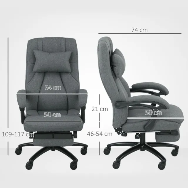 DESMIU Bureaustoel 64 x 74 x 109-117 cm - Met Vibratiemassagekussen, USB Aansluiting En Voetsteun - Voor Thuis En Kantoor - Polyester Donkergrijs