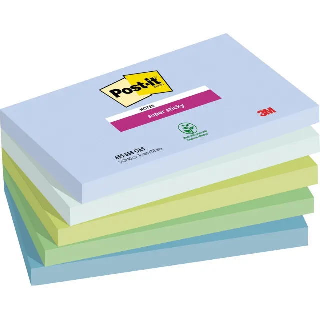 Post-it Super Sticky notes Oasis, 90 vel, ft 76 x 127 mm, geassorteerde kleuren, pak van 5 blokken blauw