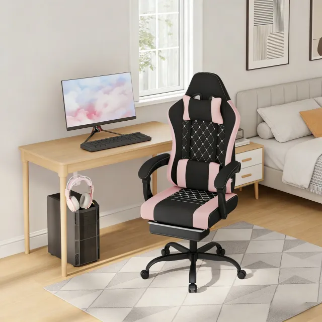 DESMIU Gamingstoel 70 x 70 x 127 cm - Met Massage Lendenkussen En Verstelbare Zithoogte - Voor Werk En Gamen - Metaal En Gaasstof - Zwart Roze