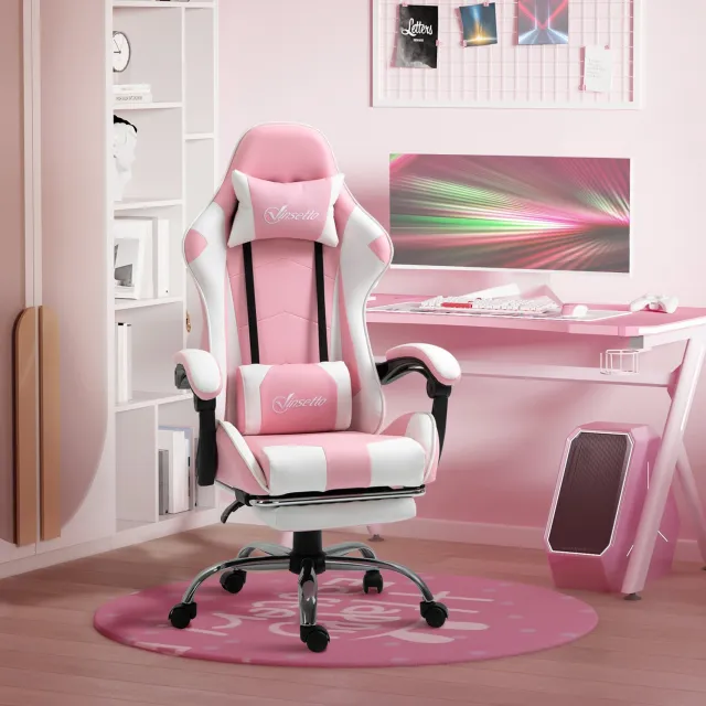 CHICFURN Gamingstoel - Hoogteverstelbaar - Met voetsteun - Roze en wit