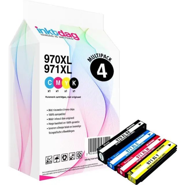 inktdag inktcartridge voor HP 970 XL en HP 971 XL, multipack van 4 kleuren (1*BK, C, M en Y) zwart