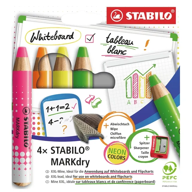 Stabilo Whiteboardpotlood STABILO MARKdry etui à 4 neon kleuren geel