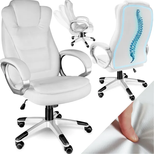 Tectake Bureaustoel - Luxe directiestoel - Draaistoel met wielen - In hoogte verstelbaar - Ergonomische computerstoel van kunstleer - Inclusief armleuningen en kantelmechanisme - Vulling 12 cm - Zithoogte 47-55 cm - Wit Zulu