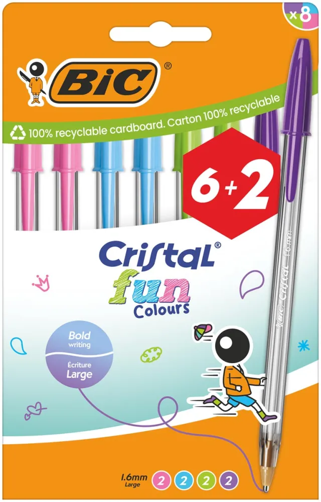Bic balpen Cristal Fun, geassorteerde kleuren, etui van 6 + 2 gratis groen