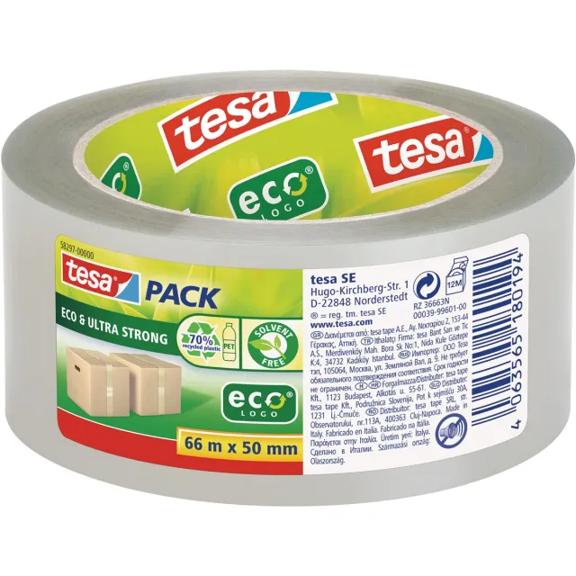 Tesa Tesapack eco & ultra strong ecologo, 50 mm x 66 m, transparant