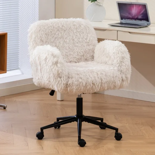 FloraGrace Bureaustoel Met Wollen Fleece - Verstelbare Armleuningen En Wielen - Draaibaar En Ergonomisch - Voor Homeoffice En Make-uptafel - Beige