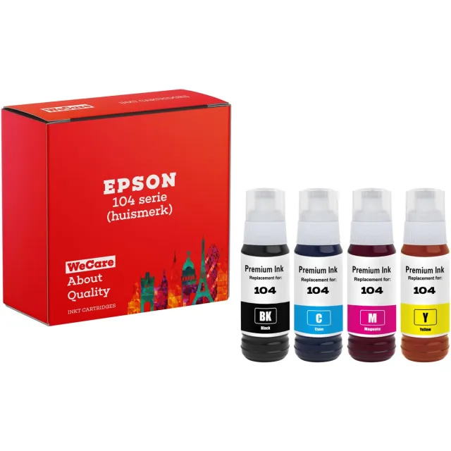 WeCare 4-pack | Huismerk geschikt voor Epson 104 Inktflessen - Inktflesjes - Geschikt voor EcoTank ET-1810 - ET-2721 - ET-2814 - ET-2820 - ET-2825 Multipack 4 Inktflessen