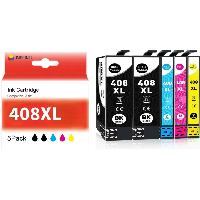 INKFIND 408XL (T09K1/T09K1/T09K2/T09K3/T09K4) inktcartridge 5 Pack (Zwart*2+Cyaan+Magenta+Geel) compatibel met Epson 408L (T09K1/T09K1/T09K2/T09K3/T09K4) voor Epson WorkForce Pro WF-C4310DW Epson WorkForce Pro WF-C4810DTWF -5-pack BK*2/C/M/Y Zwart x 2, CYAAN x 1, MAGENTA x 1, GEEL x 1