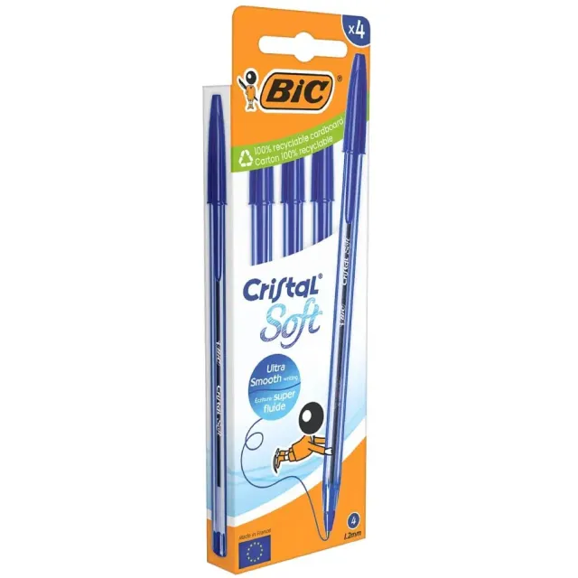 Bic balpen Cristal Soft, medium punt, blauw, blister van 4 stuks