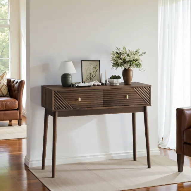VVBV Bureau met Lades 100x35x80 cm – Opbergruimte, Open Vakken, Mid-Century, Golvende Front – voor Woonkamer/Slaapkamer – MDF, Spaanplaat – Walnoot