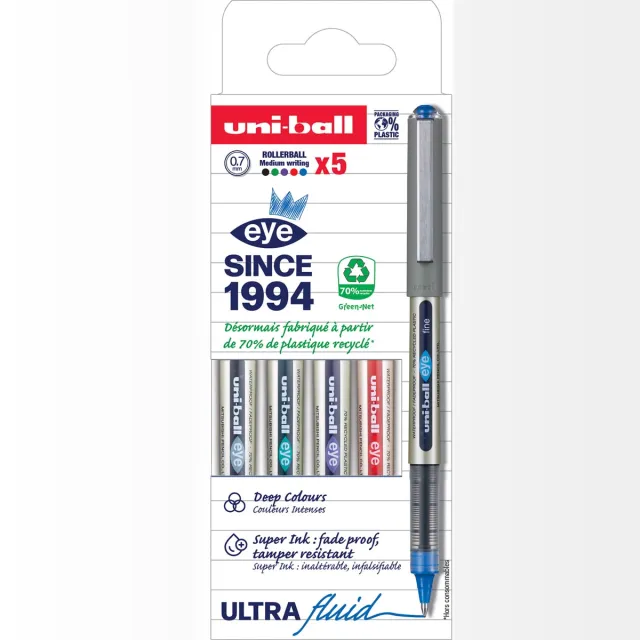 Uni-ball Eye Fine roller, schrijfbreedte 0,5 mm, etui van 5 stuks blauw