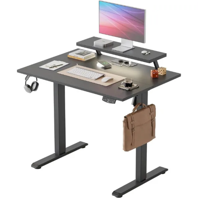 Agilestic Elektrisch in hoogte verstelbaar bureau, 100 x 60 cm, met beweegbare monitorstandaard, LED-lichtbalk en USB-poort, staand bureau met tweedelig tafelblad, computertafel, zwart
