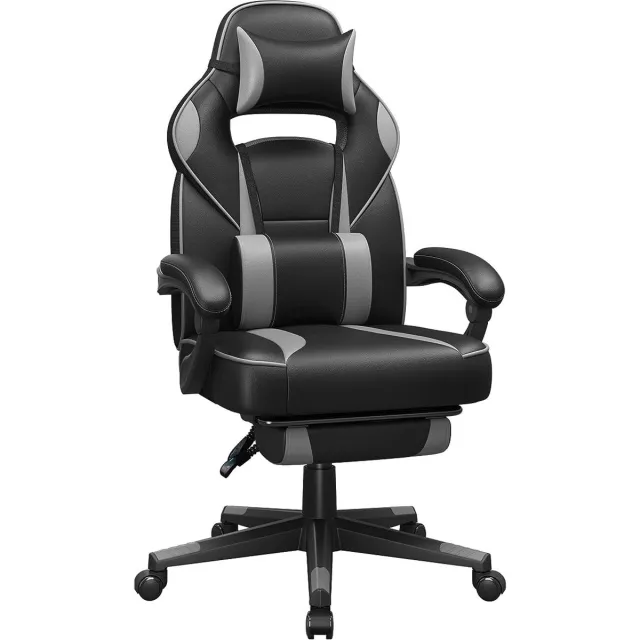 FurnStar Gaming stoel - Bureaustoel met voetenbankje - Bureaustoel met hoofdsteun en lendensteunkussen - In hoogte verstelbaar - Ergonomisch - Kantelhoek van 90-135° - Draagvermogen tot 150 kg - Zwart-Grijs