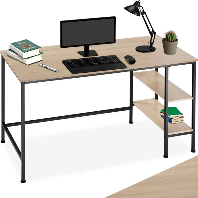 Tectake Bureau - Computerbureau met 2 planken - Bureautafel van hout en metaal - Industrieel design - Zwart metalen frame - Draagkracht bureaublad 200 kg en per plank 25 kg - Afmetingen (LxBxH) 140 x 60 x 76,5 cm - Lichtbruin