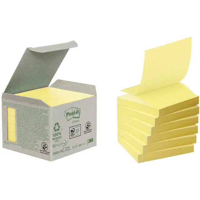 Post-it Recycled Z-notes, 100 vel, ft 76 x 76 mm, geel, pak van 6 blokken