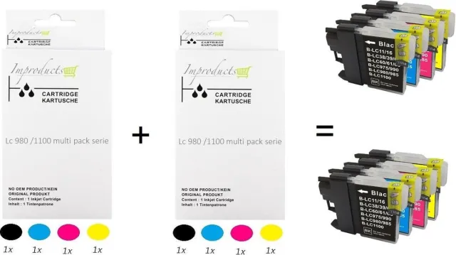 Improducts Inkt cartridges - Alternatief Brother LC980 LC1100 / LC-980 LC-1100 8 stuks Multicolor - Zwart (2x), Cyaan (2x), Magenta (2x), Geel (2x)