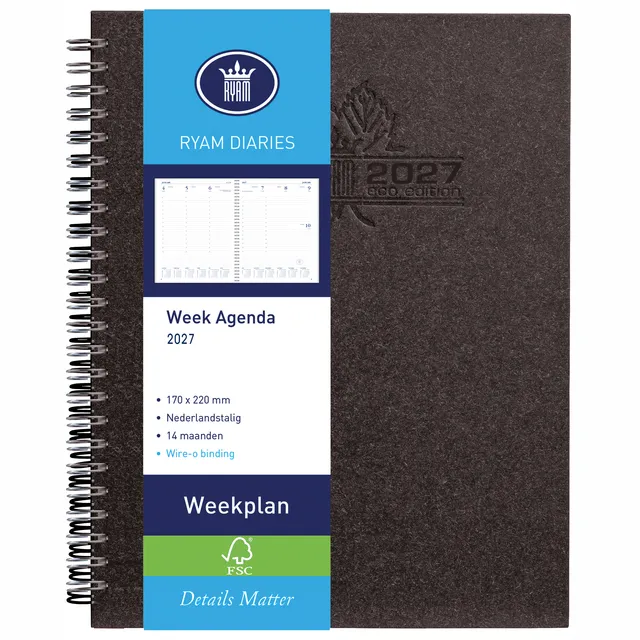 Ryam Agenda 2027 Ryam Weekplan Wire-o 7dagen/2pagina's zwart