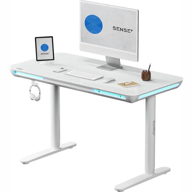 SENSE7 NOMO - Gaming bureau - In hoogte verstelbaar computerbureau - 120 x 60 cm - Tafelblad van gehard glas - USB-C 3.0 - Traploos verstelbaar Ambient wit