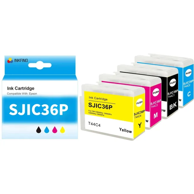 INKFIND SJIC36P inktcartridge 4 Pack (Zwart+Cyaan+Magenta+Geel) compatibel met SJIC36P-BK/C/M/Y Epson ColorWorks C6000A/C6000P/C6500A/C6500P -4-pack BK/C/M/Y Zwart x 1, CYAAN x 1, MAGENTA x 1, GEEL x 1