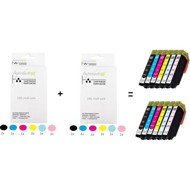 Improducts Inkt cartridges - Alternatief Epson 24XL / 24 XL 12 stuks Multicolor - Zwart (2x), Cyaan (2x), Magenta (2x), Geel (2x), Licht cyaan (2x), Licht magenta (2x)