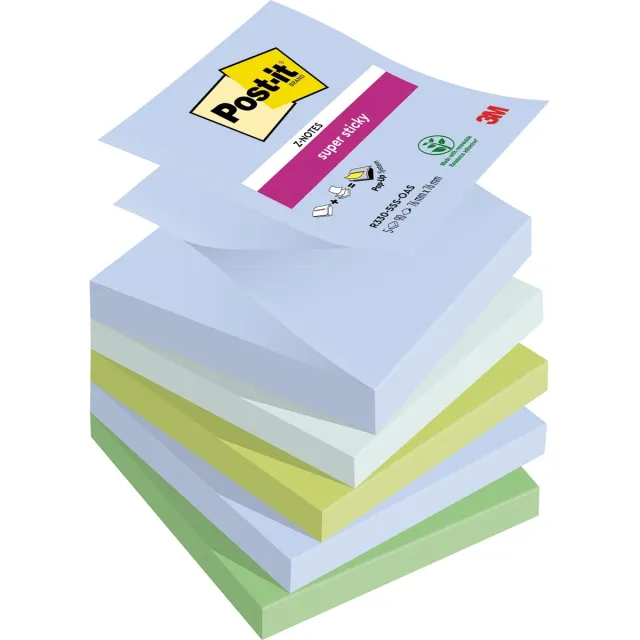 Post-it Super Sticky Z-notes Oasis, 90 vel, ft 76 x 76 mm, geassorteerde kleuren, pak van 5 blokken blauw