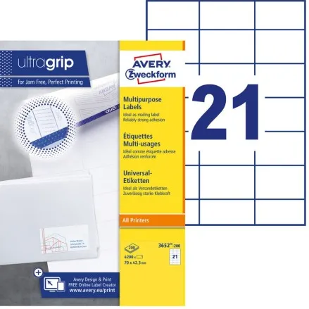 Avery Zweckform Etiket Avery 3652-200 70x42.3mm wit 4200 stuks