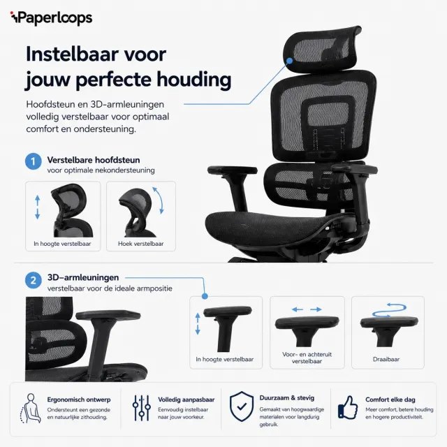 Paperloops CloudPlus Ergonomische Bureaustoel met Massagefunctie – Hoofdsteun, 3D Armleuningen en Lendensteun – Gaming Stoel – Zwart