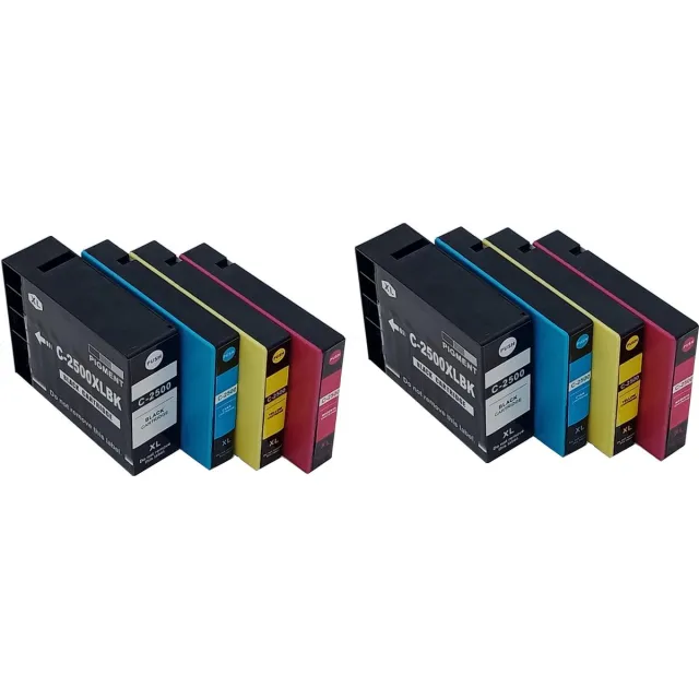 KATRIZ huismerk inkt voor|Canon PGI 2x 2500XL Zwart + 2x 2500XL Cyaan + 2x 2500XL Magenta + 2x 2500XL Geel|(Pigment ink)|8stuks| Met chip Zwart, Cyaan, Magenta, Geel