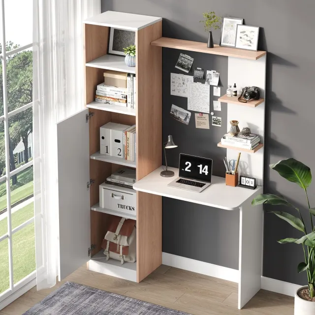 STILVORA Bureau - Werktafel Met Contrasterend Wit+Notenbruin Design - 1 Deur 2 Open Planken - MDF - 123,5x45x168,5 cm - Voor Thuiswerk En Studenten