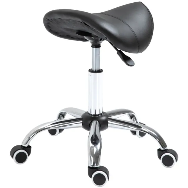 Merax Kunstleer Zadelkruk - Verstelbare Werkkruk met Wielen - Draaibare Kruk Hoogte Verstelbaar 49-61 cm - Ergonomische Werkstoel - Zwart