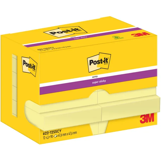 Post-it Super Sticky Notes, 90 vel, ft 47,6 x 47,6 mm, geel, pak van 12 blokken