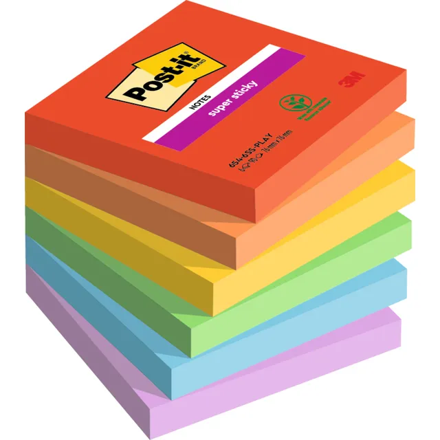 Post-It Memoblok Post-it 654 Super Sticky 76x76mm Playful 6 stuks blauw