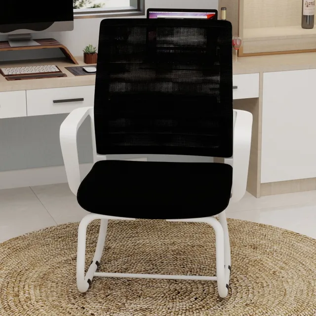 MEUNIQ Bureaustoel 45 x 55 x 90 cm met mesh rugleuning, vaste armleuningen en metalen sledeframe voor thuiskantoor en kantoor, zwart/wit