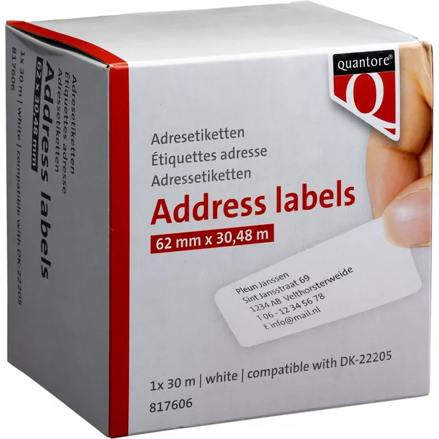 Quantore Labeletiket Quantore DK-22205 doorlopend 62mm 1 rol á 30m wit