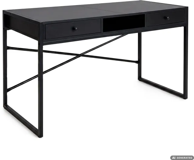 Akord Computertafel Bureau ELONIS / Industrieel / 123 cm / Zwart / 2 Lades / 1 Plank / Zwarte Poten