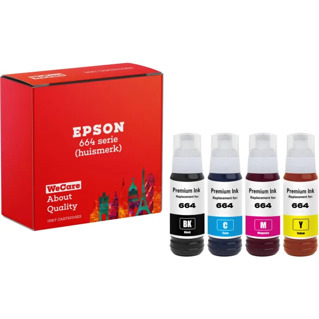 WeCare 4-pack | Huismerk XXL geschikt voor Epson 664 / T664 Inktflessen - geschikt voor EcoTank ET-2500 - ET-2550 - ET-2600 - ET-2650 - ET-3600 - ET-4500 - ET-4550 Multipack 4 Inkt flessen