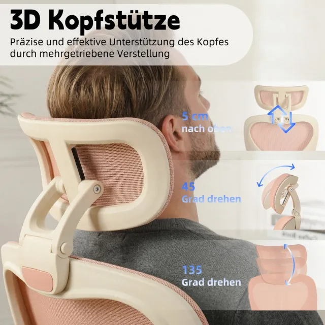 STILVORA Ergonomische Bureaustoel 67 Cm - Opklapbare Rugleuning Met Verstelbare Hoofdsteun En Lendensteun - Voor Werk En Studie - Roze Netstof