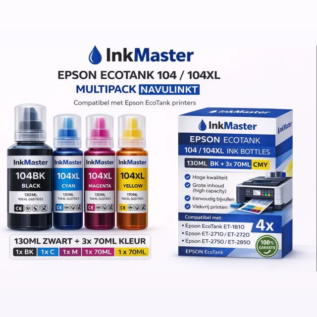inkmaster Inkt voor Epson ecotank printers 104 XL multipack van 4x inkt BK-C-M-Y