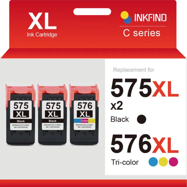 INKFIND 575XL 576XL Inktcartridge compatibel met Canon575 Canon 575 Canon576 Canon 576 Canon PG-575 PG-575XL CL-576 CL-576XL Hoge Capaciteit / 3-pack (Zwart x 2 en Kleur x 1)