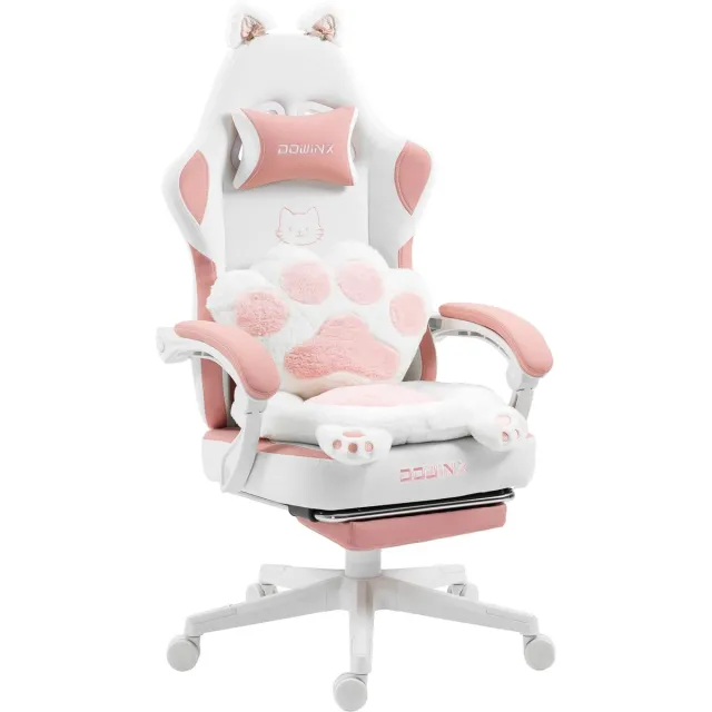 Dowinx Ergonomische Bureaustoel / Gamingstoel – Pocketveren Zitkussen – Dubbel gevoerde Rugleuning & Verstelbaar Lendenkussen – Zachte Stof - Roze-wit