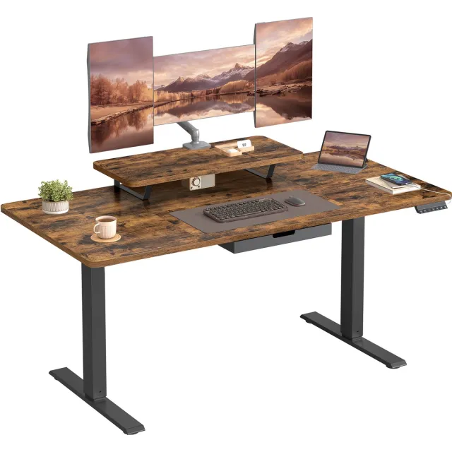 Vasagle Zit Sta Bureau - Elektrisch - 140 x 70 cm - Monitorstandaard - Lade - USB-C Poort Zwart-Bruin