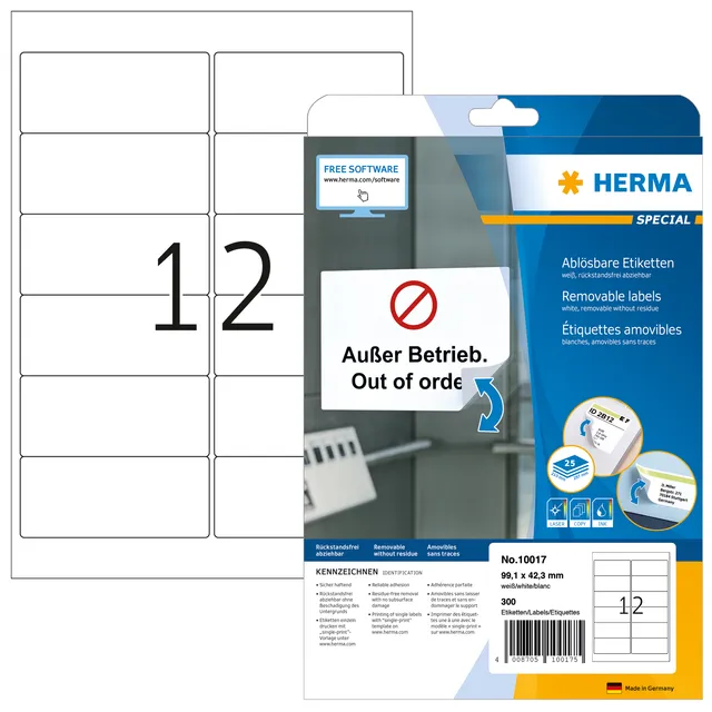 Herma Etiket HERMA 10017 A4 99.1x42.3mm verwijderbaar wit 300 stuks