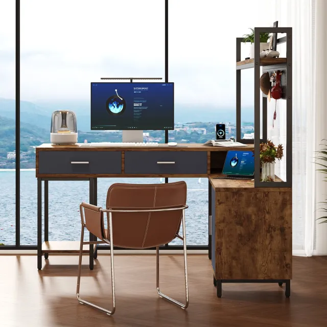 VVBV Bureau 140x140x135 cm – Werktafel met Opbergruimte, Lades en Legplanken – Houtlook – Metalen Frame – Voor Woonkamer – Zwart + Natuurlijk Hout Naturel